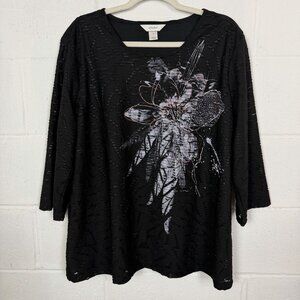 CJ Banks Lined Tunic‎ Black Metallic Floral Sheer Sleeves Dark Fairy Artsy 1X